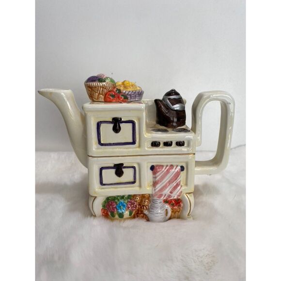 Ceramic Kitchen Stove with Kettle Food Towels Fruit Basket Decorative Tea Pot - Picture 1 of 5